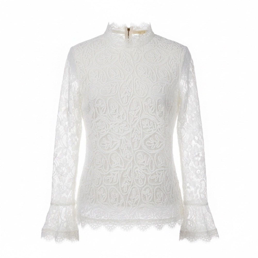 Soft Surroundings "Lilith" White‎ Lace Mock Neck Bell Sleeve Blouse PM Romantic